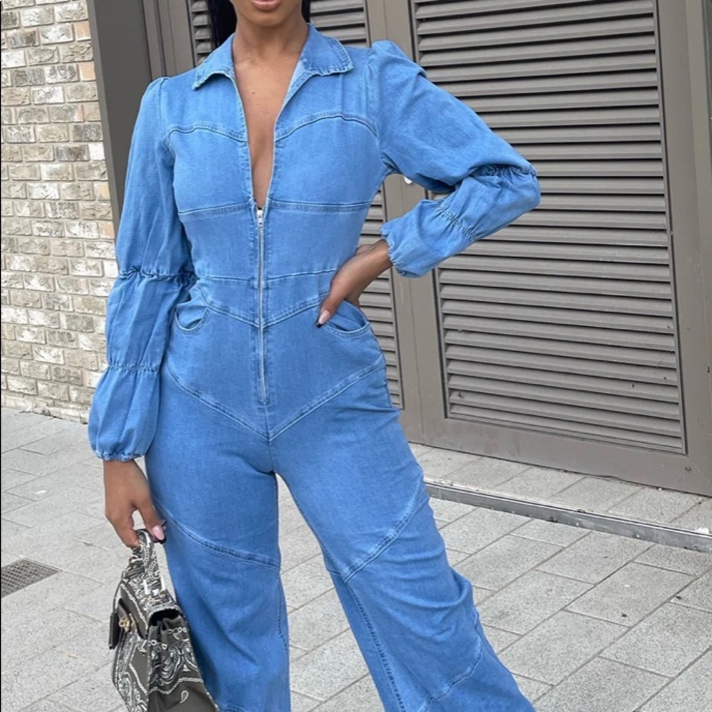 Fashion Nova Light Blue Denim Boot Cut Jumpsuit